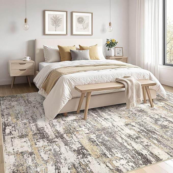 Area Rugs for Living Room: 6x9 Abstract Washable Rug Modern Neutral Large Soft Stain Resistant Non-Slip Backing Machine Table for Bedroom Dining Room Indoor Home Office Carpet - Gold Brown