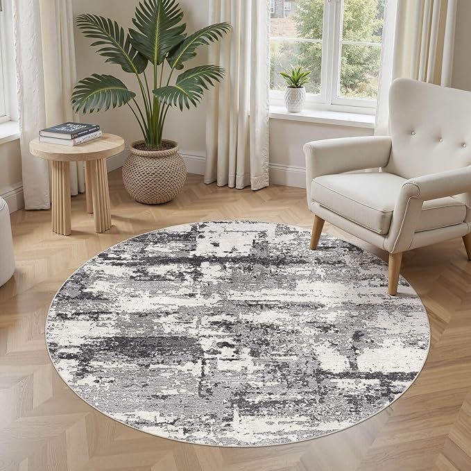 5ft Round Area Rugs for Living Room: 5x5 Abstract Washable Rug Modern Large Soft Stain Resistant Non-Slip Backing Machine Table for Bedroom Dining Room Indoor Home Office Carpet - Black Grey