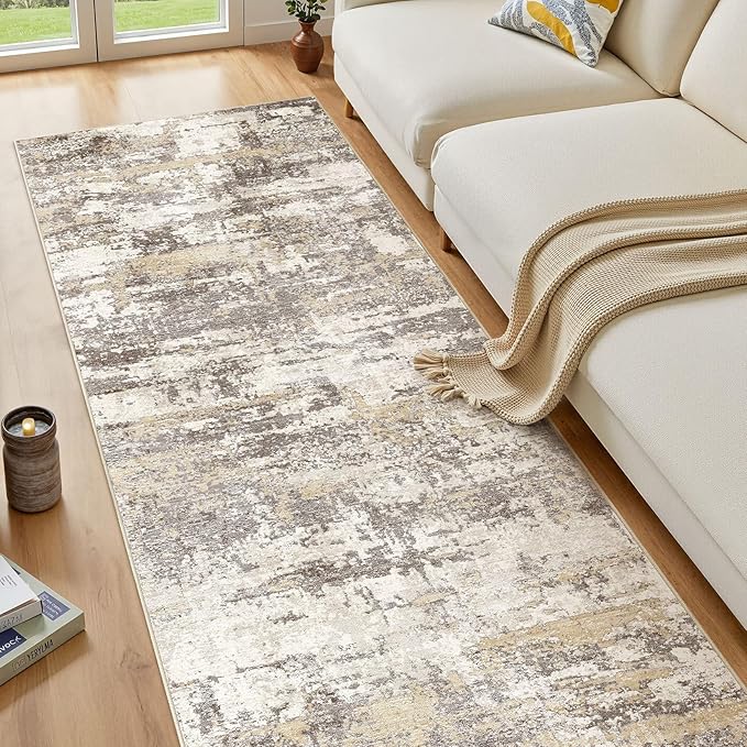 Hallway Washable Runner Rug: 3x8 Abstract Modern Soft Stain Resistant Non-Slip Backing Runner for for Entryway Kitchen Laundry - Gold Brown