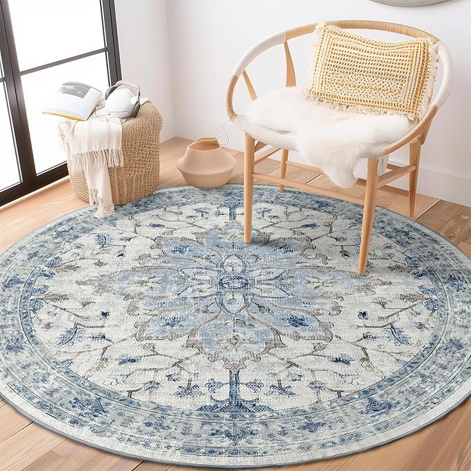 RELEANY Area Rugs 4ft Washable Non-Slip, Floral Vintage Distress Print Pattern Medallion Carpet for Living Room Bedroom Dining Room, Light Blue Navy Beige Gray White