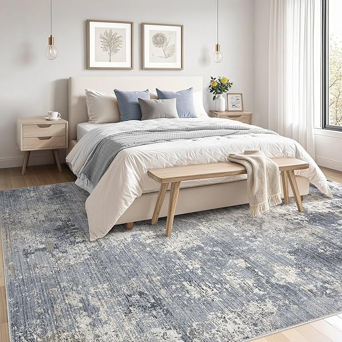 Area Rugs for Living Room: 9x12 Abstract Washable Rug Modern Neutral Large Soft Stain Resistant Non-Slip Backing Machine Table for Bedroom Dining Room Indoor Home Office Carpet - Light Denim Blue