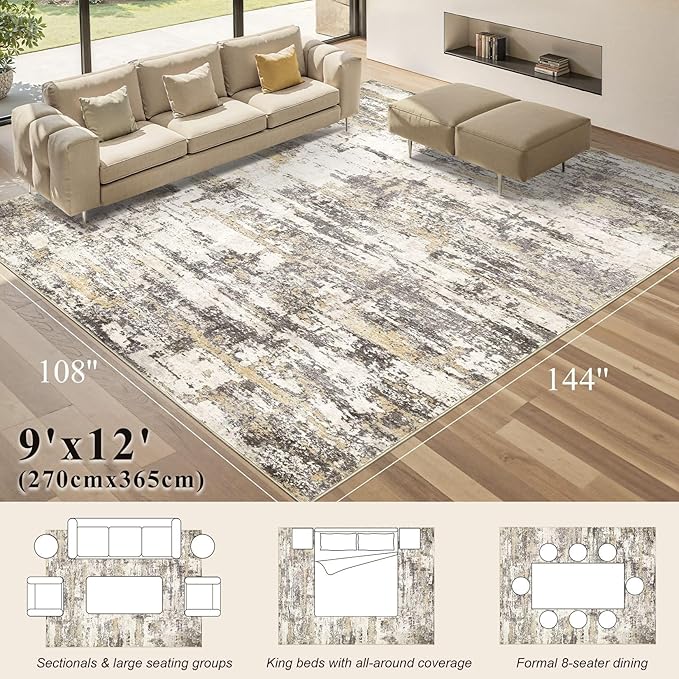 Area Rugs for Living Room: 9x12 Abstract Washable Rug Modern Neutral Large Soft Stain Resistant Non-Slip Backing Machine Table for Bedroom Dining Room Indoor Home Office Carpet - Gold Brown