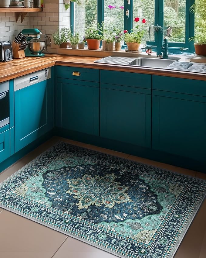 RELEANY Area Rugs 3'x4' Washable Non-Slip, Floral Vintage Distress Print Pattern Medallion Carpet for Living Room Bedroom Dining Room, Teal Green Lake Blue Turquoise