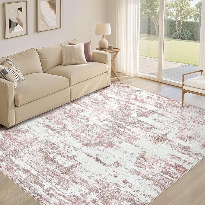 Area Rugs for Living Room: 7x9 Abstract Washable Rug Modern Neutral Large Soft Stain Resistant Non-Slip Backing Machine Table for Bedroom Dining Room Indoor Home Office Carpet - Pink