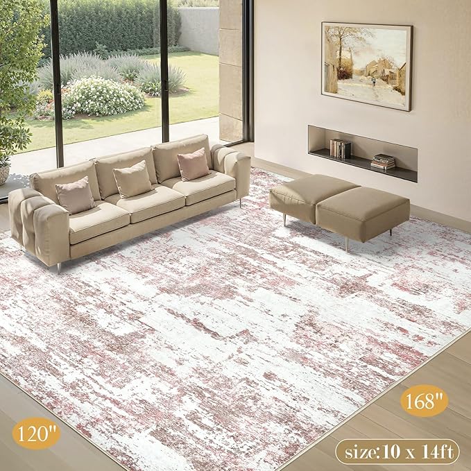 Area Rugs for Living Room: 10x14 Abstract Washable Rug Large Soft Stain Resistant Non-Slip Backing for Bedroom Dining Room Indoor Home Office Carpet for Kids Pet Friendly Families - Pink