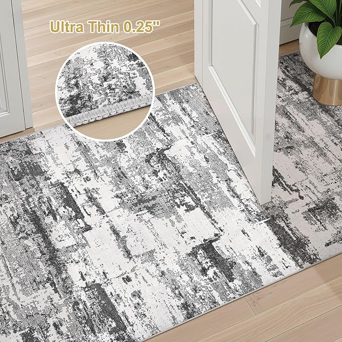 Hallway Washable Runner Rug: 3x5 Abstract Modern Soft Stain Resistant Non-Slip Backing Runner for for Entryway Kitchen Laundry Living Bathroom - Black Grey