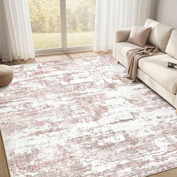 Area Rugs for Living Room: 9x12 Abstract Washable Rug Modern Neutral Large Soft Stain Resistant Non-Slip Backing Machine Table for Bedroom Dining Room Indoor Home Office Carpet - Pink