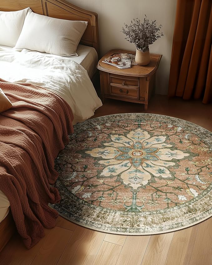 RELEANY Area Rugs 4ft Washable Non-Slip, Floral Vintage Distress Print Pattern Medallion Carpet for Living Room Bedroom Dining Room, Brick Red Rust Neutral Brown Burnt Orange