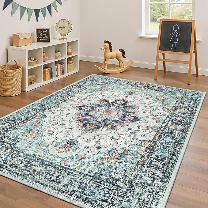 RELEANY Area Rugs 4'x6' Washable Non-Slip, Floral Vintage Distress Print Pattern Medallion Carpet for Living Room Bedroom Dining Room, Green Navy Blue White Red Teal Colorful
