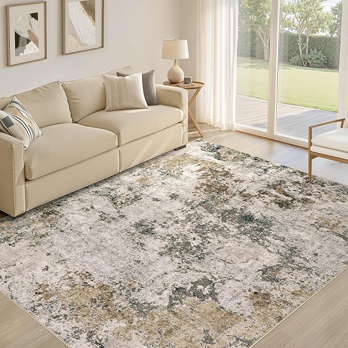Area Rugs for Living Room: 7x9 Abstract Washable Rug Large Soft Stain Resistant Non-Slip Backing for Bedroom Dining Room Indoor Home Office Carpet for Kids Pet Friendly Families - Dark Brown