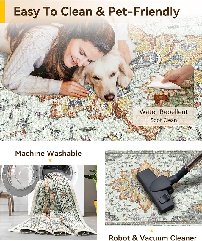 RELEANY Area Rugs 2'6''x12' Runner Rug Non Slip Washable for Kitchen Hallway Bedroom Beside Laundry Room Bathroom Rug, Floor Carpet, Light Yellow Carbon Grey Orange