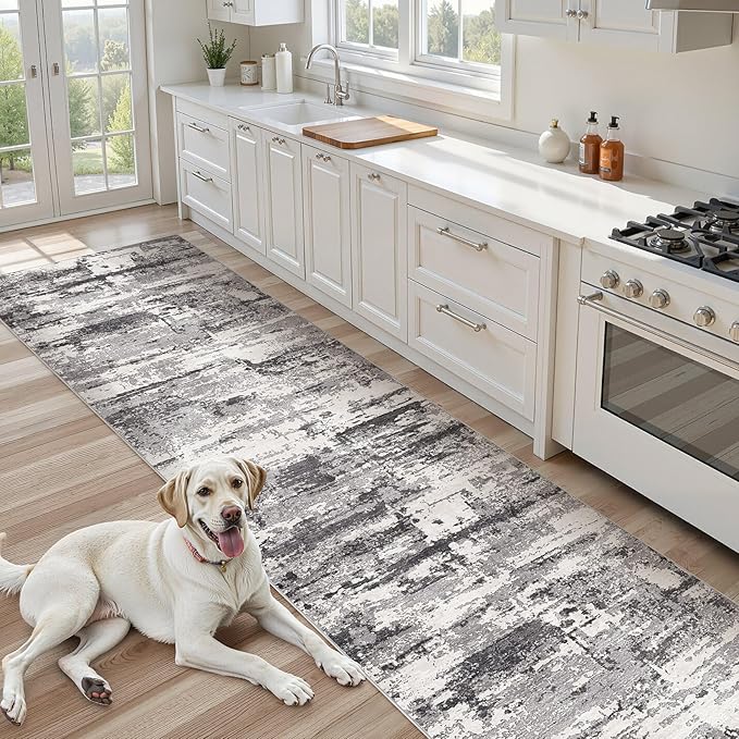 Hallway Washable Runner Rug: 3x10 Abstract Modern Soft Stain Resistant Non-Slip Backing Runner for for Entryway Kitchen Laundry - Black Grey