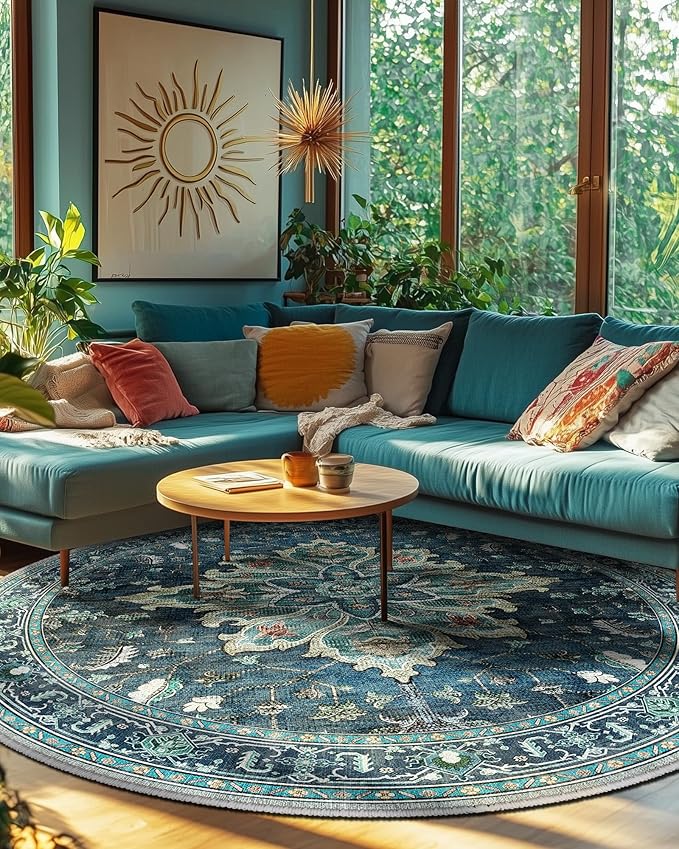 RELEANY Area Rugs 8ft Washable Non-Slip, Floral Vintage Distress Print Pattern Medallion Carpet for Living Room Bedroom Dining Room, Teal Green Lake Blue Turquoise
