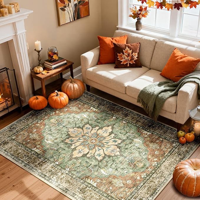 RELEANY Area Rugs 4'x6' Washable Non-Slip, Floral Vintage Distress Print Pattern Medallion Carpet for Living Room Bedroom Dining Room, Brick Red Rust Neutral Brown Burnt Orange Green