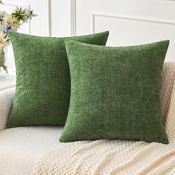 MIULEE Pack of 2 Couch Throw Pillow Covers 16x16Inch Soft Moss Green Spring Chenille Pillow Covers for Sofa Living Room Solid Dyed Pillow Cases