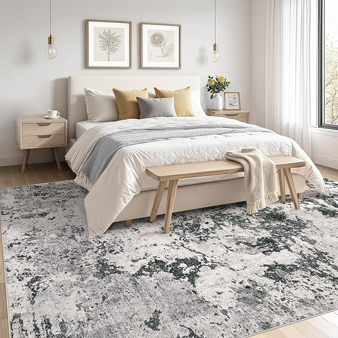 Area Rugs for Living Room: 9x12 Abstract Washable Rug Large Soft Stain Resistant Non-Slip Backing for Bedroom Dining Room Indoor Home Office Carpet for Kids Pet Friendly Families - Dark Grey