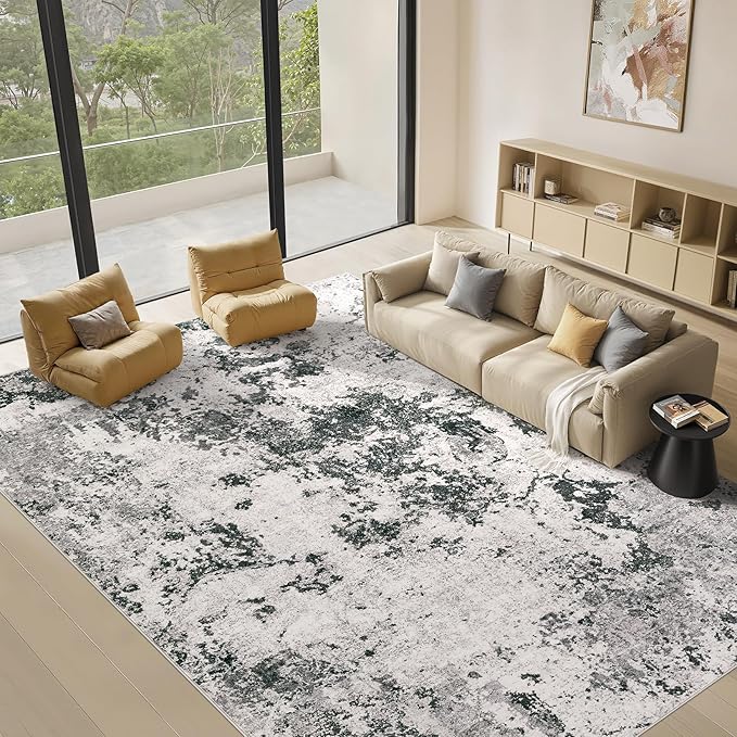 Area Rugs for Living Room: 7x9 Abstract Washable Rug Large Soft Stain Resistant Non-Slip Backing for Bedroom Dining Room Indoor Home Office Carpet for Kids Pet Friendly Families - Dark Grey