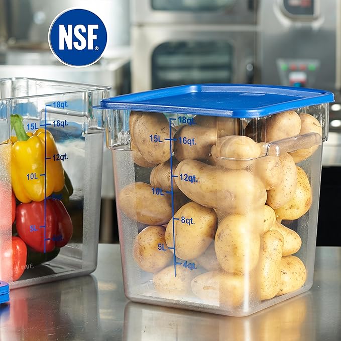 CURTA 8-Pack 18 Qt NSF Clear Polycarbonate Food Storage Containers with Blue Lids - Square, Commercial-Grade, Freezer & Dishwasher Safe, Stackable