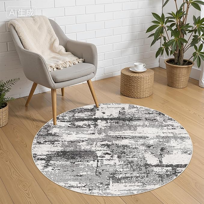 4ft Round Area Rugs for Living Room: 5x5 Abstract Washable Rug Modern Large Soft Stain Resistant Non-Slip Backing Machine Table for Bedroom Dining Room Indoor Home Office Carpet - Black Grey